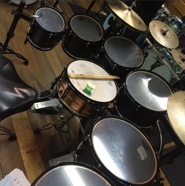 The expanded set in late 2015.  20" bass and 6 toms, all 8" depth.